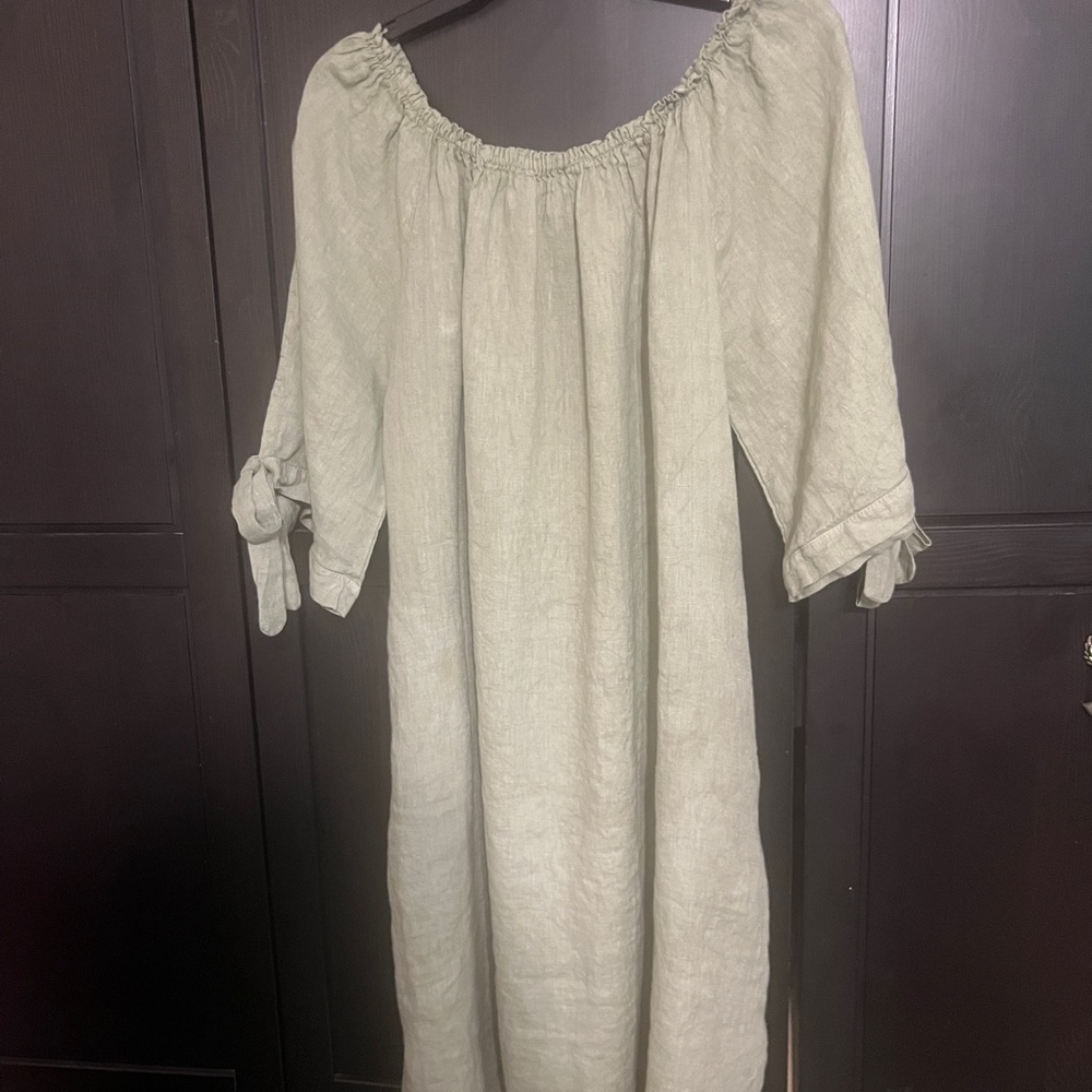 Linen Dress (Regular or Off-Shoulder) Light Sage Green w/Pockets!
